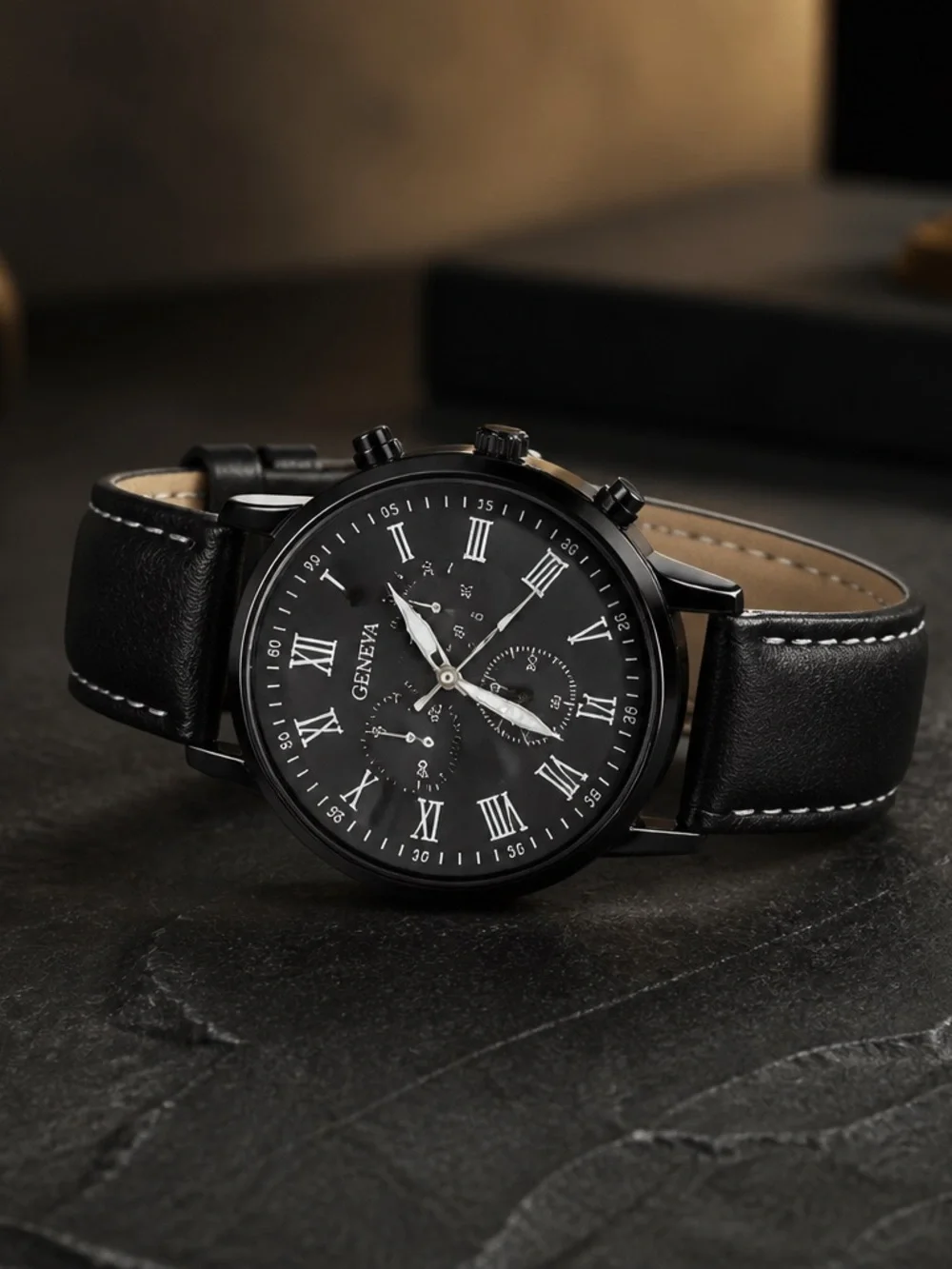 Geneva Sporty Black/ White Stitching Leather Band Black Face Quartz Timepiece